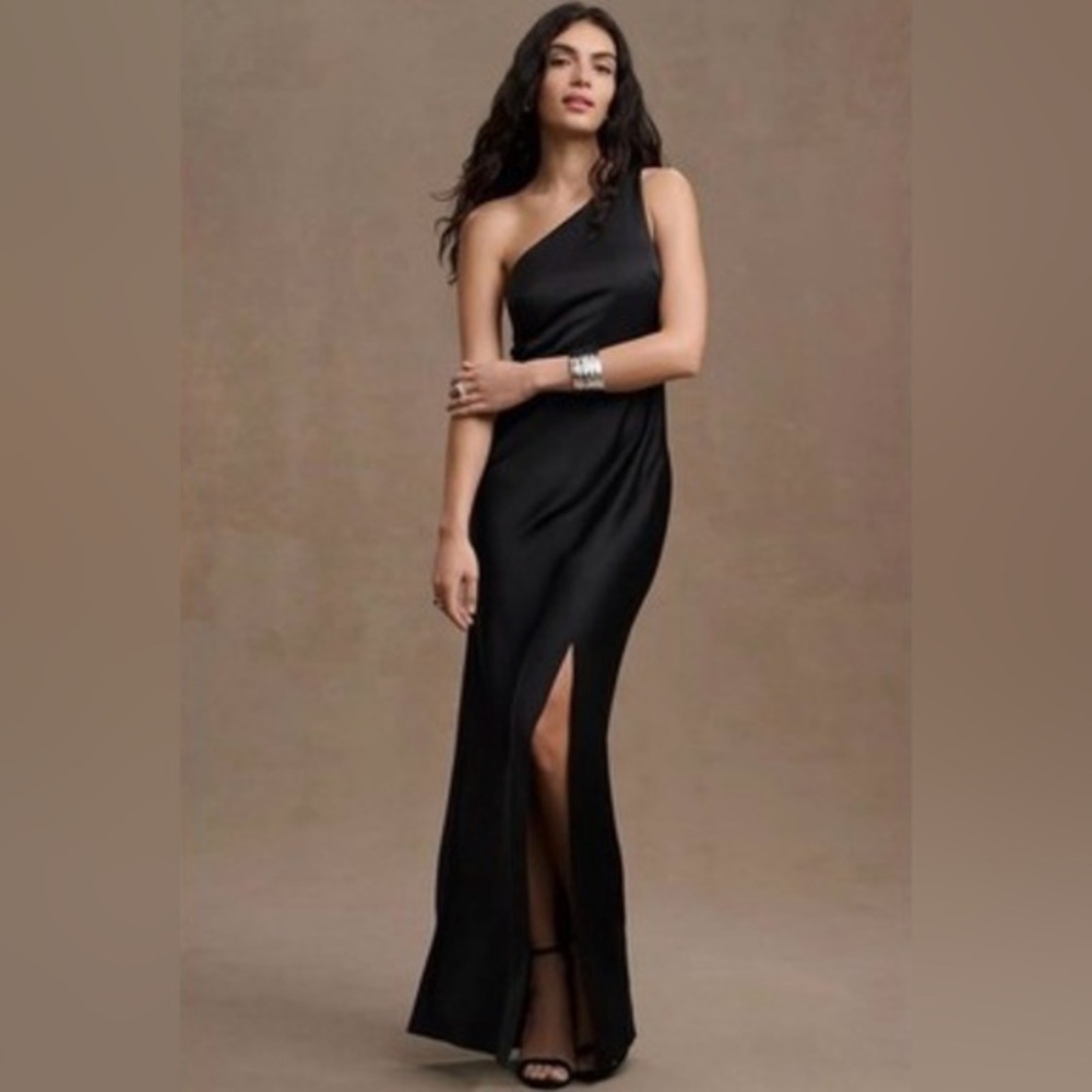 Anthropologie BHLDN Dylan One Shoulder Satin Side Slit Gown in Black 12 NWT!